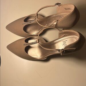 Impo Women's Beige T-Strap Heels with Rhinestones size 10
